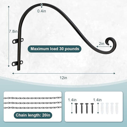 Plant Hangers Outdoor, 4 Pack 12 Inch Plant Hooks with 12 Chains for Wall Metal Plants Hanging Bracket for Bird Feeder, Flower Baskets, Wind Chimes, Lanterns, Indoor Outdoor, Black