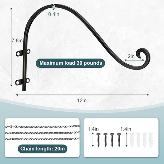 Plant Hangers Outdoor, 4 Pack 12 Inch Plant Hooks with 12 Chains for Wall Metal Plants Hanging Bracket for Bird Feeder, Flower Baskets, Wind Chimes, Lanterns, Indoor Outdoor, Black