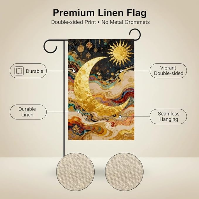 Sun and Moon Garden Flag for Outdoor Decor, Double Sided Seasonal Yard Flag with Golden Celestial Design, 12x18 Inch, Pole Not Included
