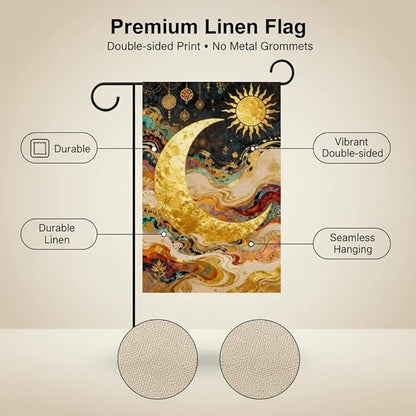 Sun and Moon Garden Flag for Outdoor Decor, Double Sided Seasonal Yard Flag with Golden Celestial Design, 12x18 Inch, Pole Not Included