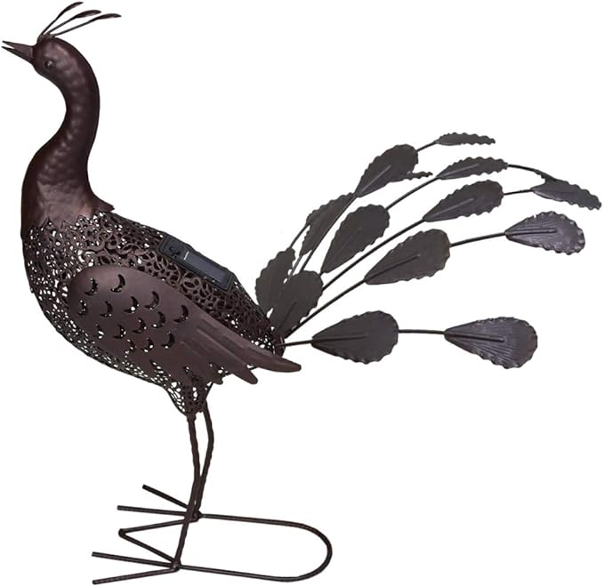 22 in. Steel Indoor & Outdoor Animal Garden Peacock Metal Sculpture Statue with Solar Light & Ground Stake Hammer Tone Bronze