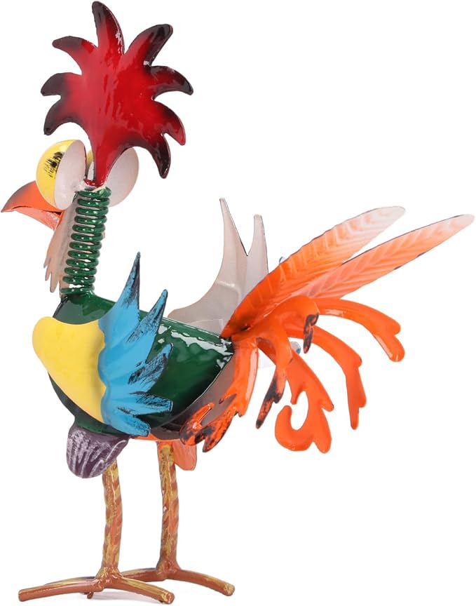 8.3 Inch Wacky Metal Rooster Garden Statue, Handcrafted Iron Rooster Decor for Outdoor Yard and Indoor Desk
