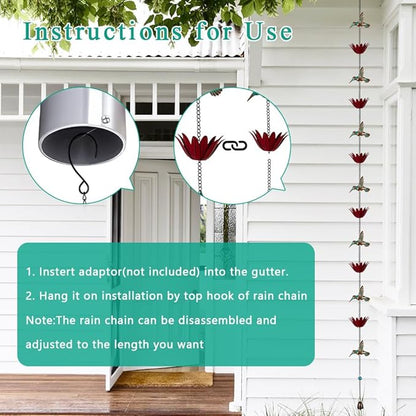 Rain Chain for Outside, 12Ft Rain Gutter Chains with 8 Lotus Cups & Hummingbirds Decor, Adjustable Rain Catcher Chain for Eaves Drainage, Replacement for Downspout
