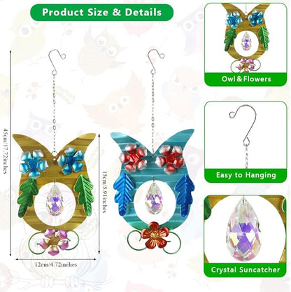 2 Pack Hanging Owl Suncatchers,Rainbow Maker Crystal,Metal Sun Catchers Indoor Window for Garden, Patio, Balcony, Indoor Window, Present for Owl and Garden Lover