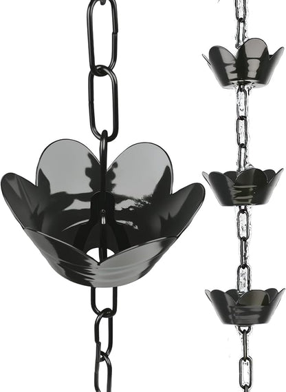 10FT Rain Chain for Gutters, Black Aluminum Daffodil Flower Design, Extra Large Cups to Reduce Splashing, Decorative Downspout Replacement for Outdoor Garden Decor
