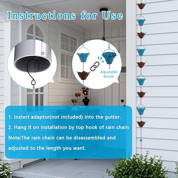 10FT Rain Chains for Outside, Rain Gutter Chain with 8 Cups & Lotus Decor, Adjustable Rain Catcher Chain for Eaves Drainage, Replacement for Downspout