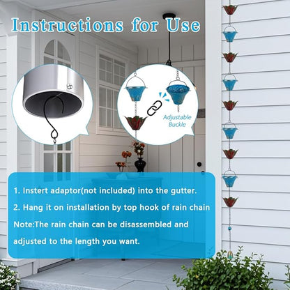 10FT Rain Chains for Outside, Rain Gutter Chain with 8 Cups & Lotus Decor, Adjustable Rain Catcher Chain for Eaves Drainage, Replacement for Downspout