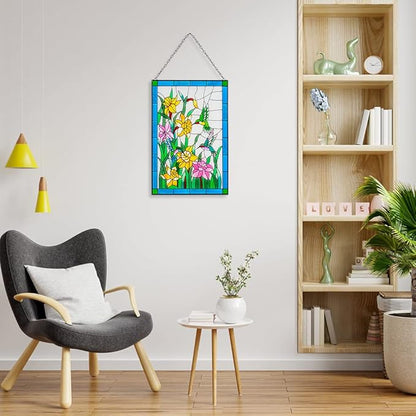 Viveta Hummingbird Stained Glass Window Hanging, Birds and Flowers Suncatcher for Window, Hummingbird Stained Glass Panel Hanging Ornament(Rectangular 10 * 15")