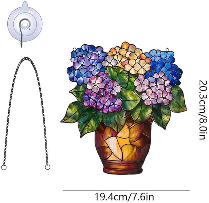 Hydrangea Flower Acrylic Window Hanging,Colorful Flowerpot Hanging,Stained Acrylic Hydrangea Flower Sun Catcher for Home Office Wall Window Decor