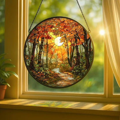 Stained Glass Window Hanging - Autumn Sunlight Through Woods 9.8in Sun Catchers Indoor Stained Glass Panels Wall Decor for Mom,Wife,Lovers,Festive