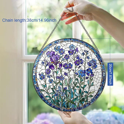 Stained Glass Window Hanging, Spring Forget Me Not Lavener Flower Suncatcher for Window Doors Garden Home Decoration, Purple Floral Botanical Glass Ornaments for Women,Wife, Lovers, and Mom 7.8×7.8 in