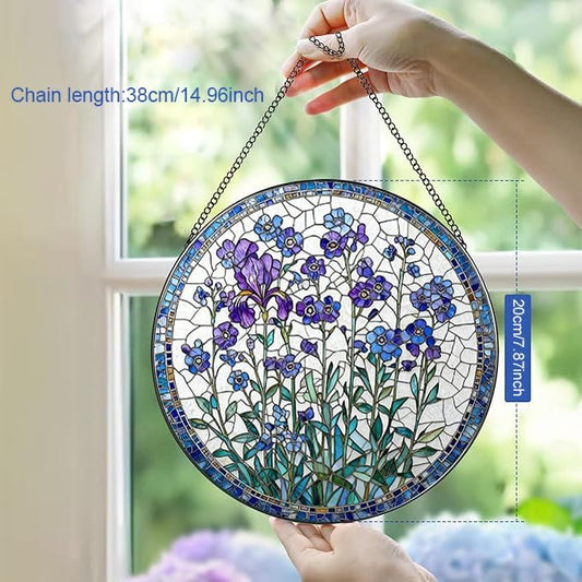 Stained Glass Window Hanging, Spring Forget Me Not Lavener Flower Suncatcher for Window Doors Garden Home Decoration, Purple Floral Botanical Glass Ornaments for Women,Wife, Lovers, and Mom 7.8×7.8 in
