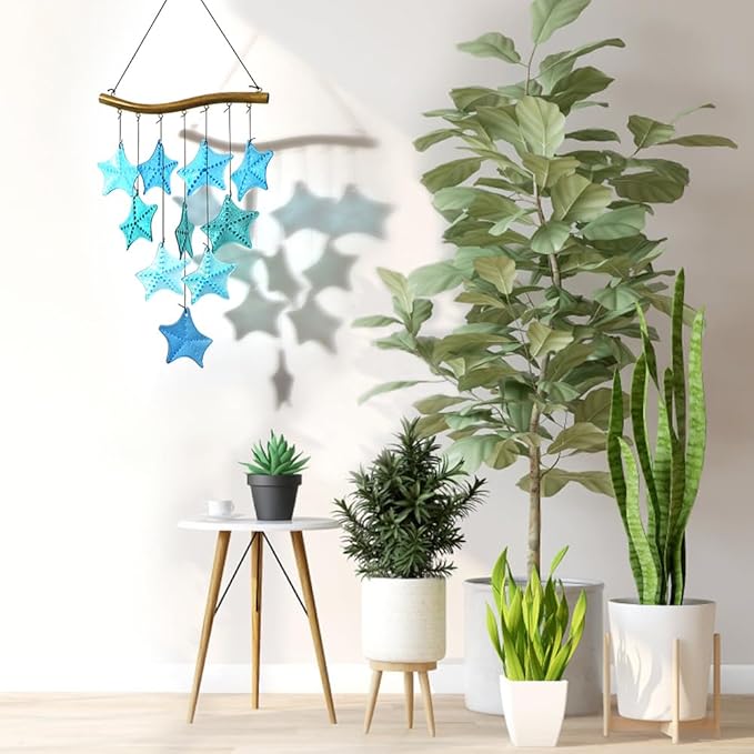 Vindar 28" Blue Starfish Glass Wind Chimes, Outdoor & Indoor Decor, Memorial Gift, Weather Resistant