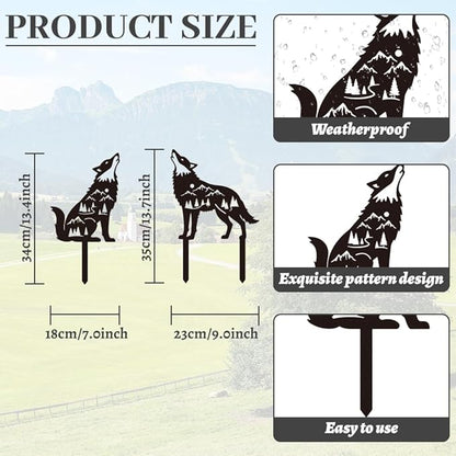 WADORN 2Pcs Wolf Metal Decorative Garden Stakes, Howling Wolf Silhouette Metal Outdoor Statues Animal Garden Ornament Gifts Black Yard Art Decorations for Home Outdoor Patio Backyard Lawn Walkways
