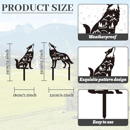 WADORN 2Pcs Wolf Metal Decorative Garden Stakes, Howling Wolf Silhouette Metal Outdoor Statues Animal Garden Ornament Gifts Black Yard Art Decorations for Home Outdoor Patio Backyard Lawn Walkways