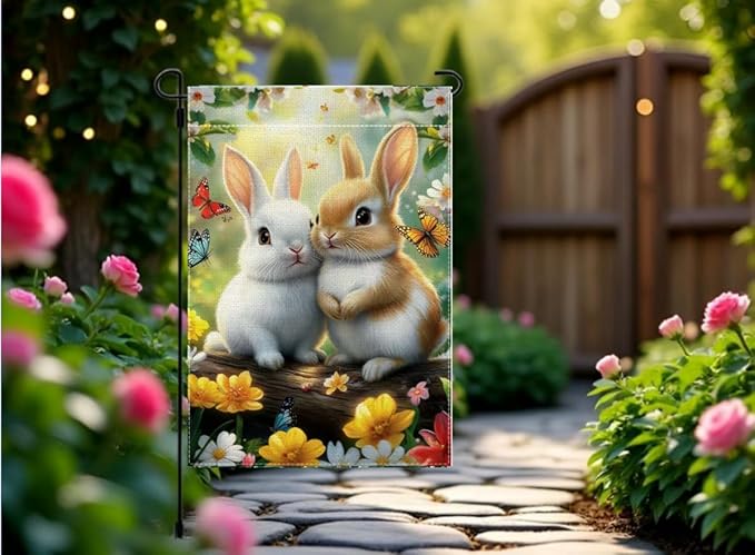 Spring Summer Flowers Butterfly Bunny Garden Flags for Outside 12x18 Double Sided, Small Burlap Seasonal Farmhouse Yard Flag Spring Decorations Outdoor Decor for Lawn Porch Patio Walkway