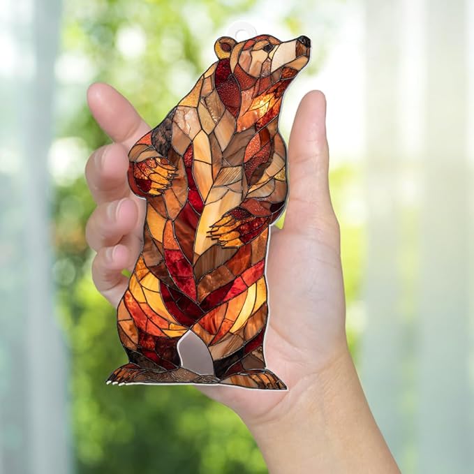 Stained Glass Acrylic Bear Ornament 2025 – Handcrafted Wildlife Christmas Tree Decoration, Rustic Lodge Cabin Décor, Window Hanging Suncatcher Gift for Nature & Animal Lovers (Sun-02)