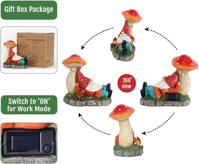 Garden Gnomes Statues with Solar LED Light, Solar Powered Gnome Sculptures for Patio Yard Lawn Balcony Decor Mother's Day Birthday Gifts for Women Mom 8.5 Inch