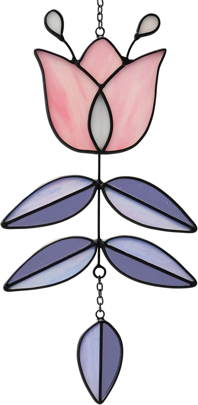 Pink Tulip Stained Glass Suncatcher, Folk Flower Stained Glass Window Hanging Sun Catcher, Healing Boho Decor, Handmade Flower Gifts for Indoor Window, 9.4" x 4.7"