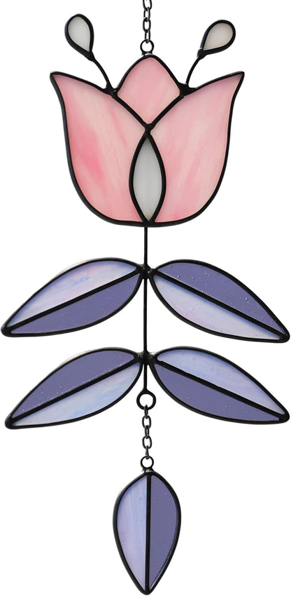 Pink Tulip Stained Glass Suncatcher, Folk Flower Stained Glass Window Hanging Sun Catcher, Healing Boho Decor, Handmade Flower Gifts for Indoor Window, 9.4" x 4.7"