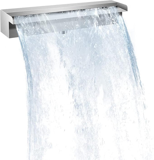 Pool Waterfall Fountains, Stainless Steel Rectangular Pool Waterfall Spillway with Pipe Connector for Indoor/Outdoor Decorative (17.7 Inch)