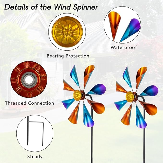 DREAMYSOUL 2 Pack Wind Spinners Outdoor, 10" Dia Metal Pinwheels for Yard and Garden, Kinetic Wind Sculptures & Spinner Outside (Colorful)