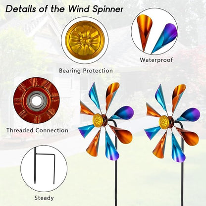 DREAMYSOUL 2 Pack Wind Spinners Outdoor, 10" Dia Metal Pinwheels for Yard and Garden, Kinetic Wind Sculptures & Spinner Outside (Colorful)