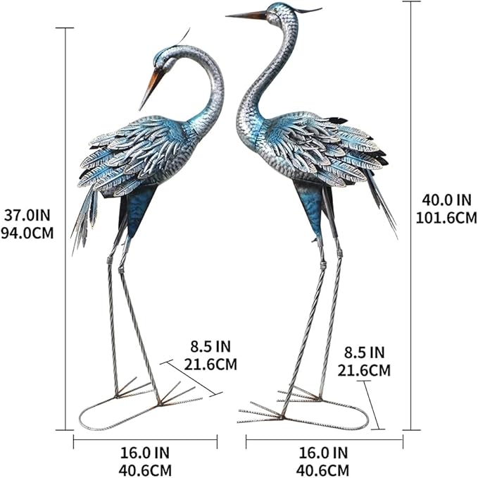 37-40Inch Outdoor Crane Garden Statues, Blue Heron Garden Statues, Large Metal Cranes for Yard, Lawn, Patio, Pond, Set of 2
