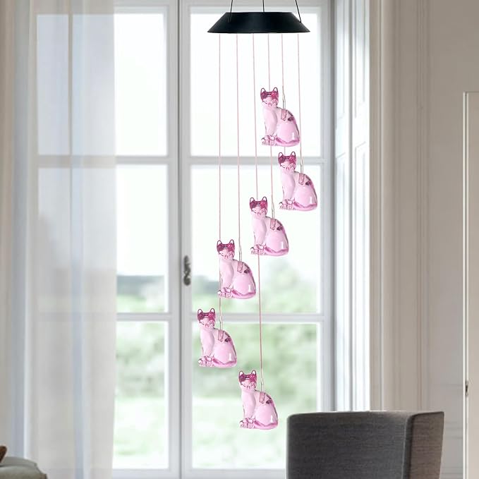 Cat Solar Wind Chimes for Outside Colors Changing Waterproof Decorative Lights Gifts for Mom Solar Powered Mobile Hanging Wind Chime for Garden Patio Party Yard Window Indoor Outdoor Decor