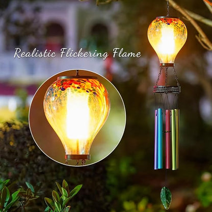 Starsoul Solar Wind Chimes for Outside, Sea Blue Hot Air Balloon Wind Chime with Flickering Flame, Outdoor Glass Windchimes Garden Decor, Gift for Mother's Day