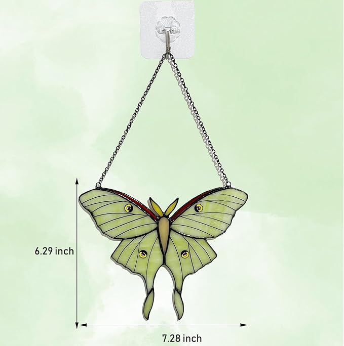 Green Luna Moth Stained Glass Window Hanging, Handmade Sun Catcher Glass Panel Wall Art Decor with Chain, Luna Moth Gifts for Women Mom Grandma, Outdoor Indoor Art Decor for Home Garden