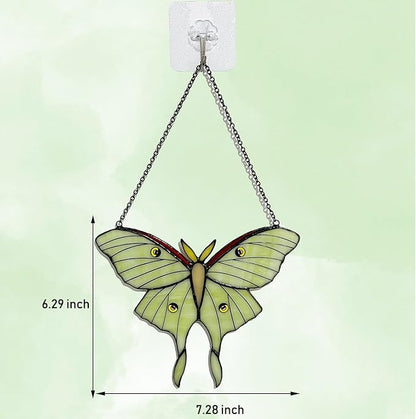 Green Luna Moth Stained Glass Window Hanging, Handmade Sun Catcher Glass Panel Wall Art Decor with Chain, Luna Moth Gifts for Women Mom Grandma, Outdoor Indoor Art Decor for Home Garden