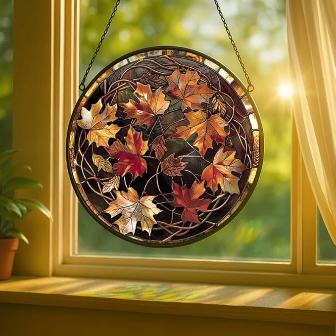 Round Autumn Maple Leaves Stained Glass Window Hanging Panel 7.8in – Elegant Fall Theme Suncatcher Wall Art for Home Window Decor and Gift