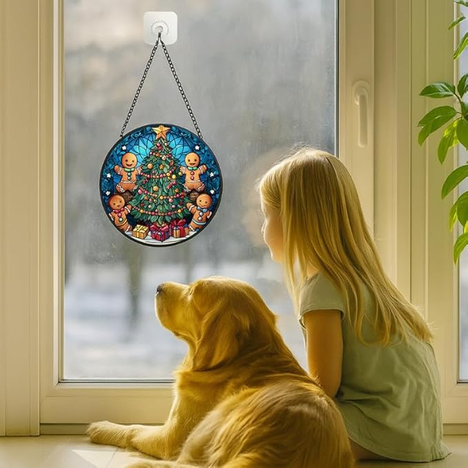 Stained Glass Window Hanging - 9.8in Gingerbread Men Decorating Christmas Tree Sun Catchers Panel for Indoor Decorative Display for Mom,Wife,Lovers,Festive