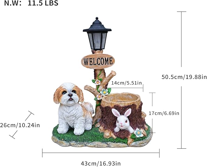 Virubi Sitting Dog Solar Lantern Planter Statue, Solar-Powered LED Lantern & Flower Pot, Weather Resistant Outdoor Decor for Patio Yard Garden Porch Path