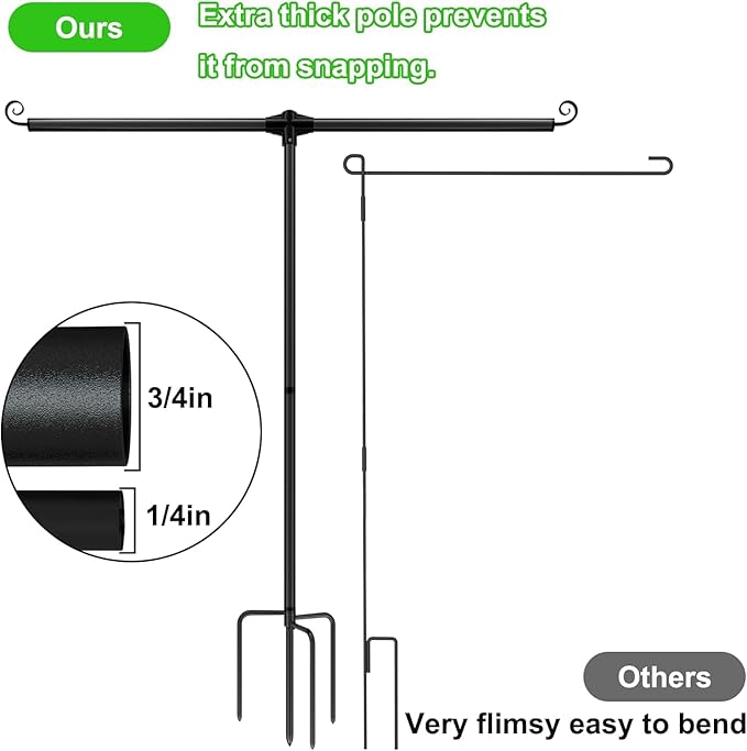 Garden Flag Stand Holder with 4 Prong Base for Double Flags, 3/4 Inch Extra Thick Heavy Duty Yard Flag Holder for Outside 12x18 Home Patio Decor