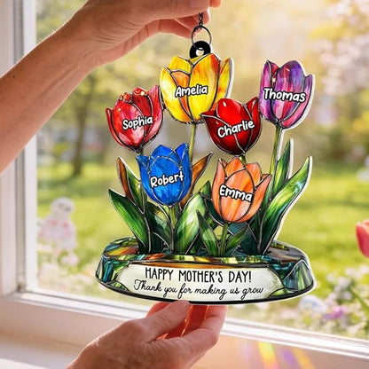 Personalized Grandma Mom Tulip Flower Acrylic Sun Catcher Ornament, Custom Heartfelt Grandma Gifts for Mothers Day, Nana Gift from Grandkids, Custom Family Window Hanging Home Decor