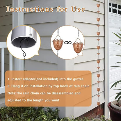 10FT Lotus Rain Chains, Rain Gutter Chain with 16 Flower Cups, Adjustable Rainwater Catcher Chain for Outside, Replacement for Downspout