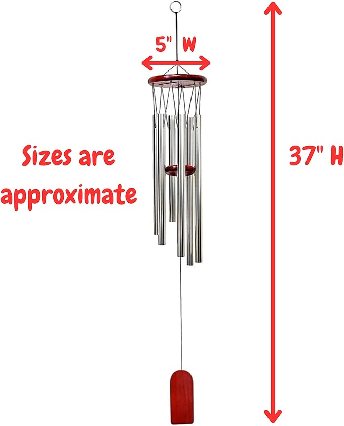 Wind Chimes - Wood and Silver Metal Windchimes - 37" Long - Wooden Wind Catcher for Home & Garden - Ideal for Porch and Garden