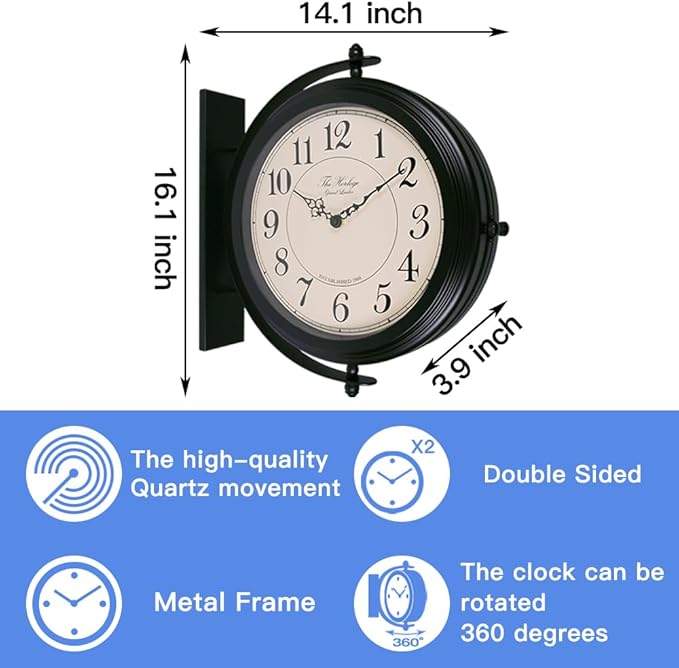 BESTIME 66264B 16-Inch Double Sided Metal Wall Clock with Black Frame.Sturdy Frame,Easy Read,Garden,Home Décor,Indoor,Outdoor,Farmhouse,Yard,Station,Office,Photography Props.