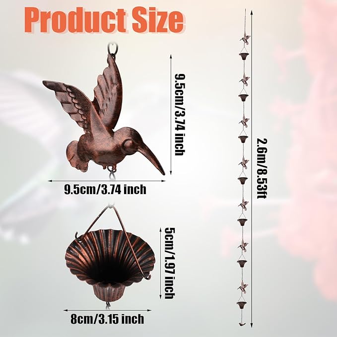NQEUEPN Bird Rain Catcher Chain, 8.53ft Metal Hummingbird Rain Chain Bell, Outside Decorative Downspout Chain Rainwater, Cup Wind Chime Outdoor Gutter Rainchain Decor for Terraces, Villas, Courtyards