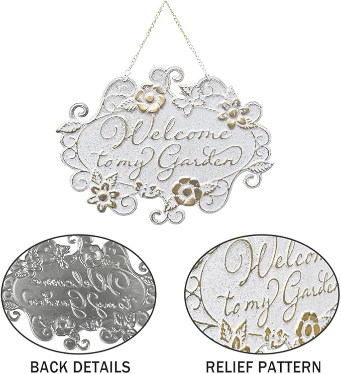 All Chic Welcome to My Garden Sign Hanging Yard Sign for Garden Decor Rustic Farmhouse Backyard Outdoor Wall Decor(White)