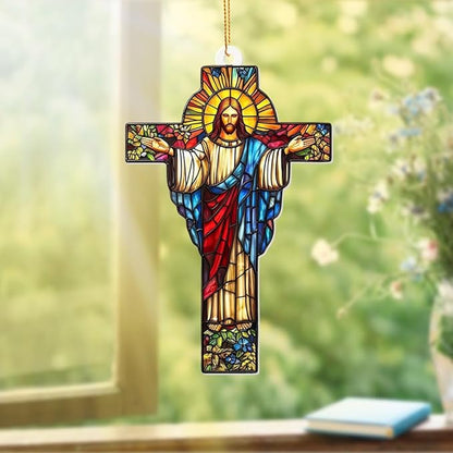 Stained Glass Jesus Cross Car Hanging Ornament – Acrylic Rearview Mirror Charm, Christian Cross Sun Catcher for Car or Home, Inspirational Religious Gift for Men & Women(Sun-29)