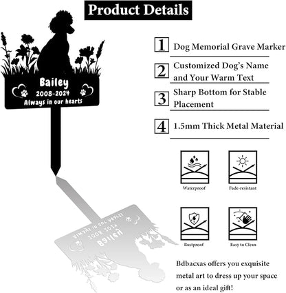 Custom Poodle Dog Memorial Grave Marker,Personalized Pet Dog Memorial Garden Stake,Flora Dog Memorial Plaque Burial Stake Engraved Sign,Dog Sympathy Grave Stake,Dog Statue Headstone