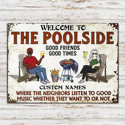 Custom Patio Backyard Metal Signs Where Neighbor Listen to Good Music Welcome Sign, personalized Retro Wall Decor for Home Gate Poolbar Balcony Basement Sign Gift tin signs vintage metal Funny Wall Decoration (Backyard)