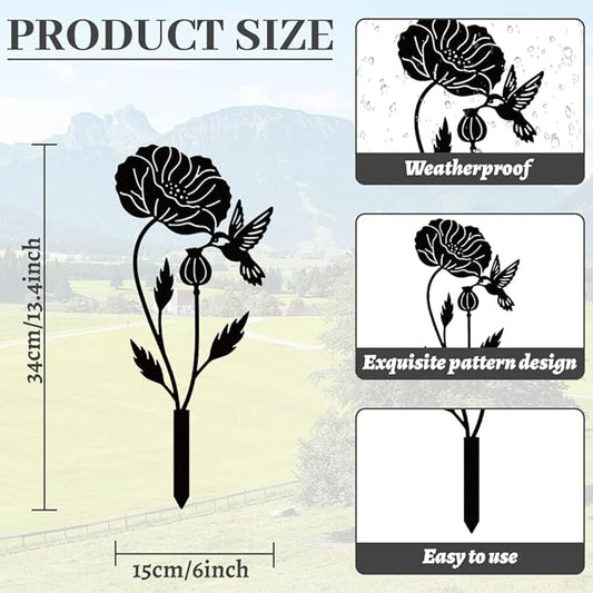 WADORN Hummingbird Poppy Metal Decorative Garden Stakes, Funny Hummingbird Flower Metal Silhouette Statues Bird Flower Garden Ornament Gifts Black Yard Art Decoration for Outdoor Backyard Patio Lawn