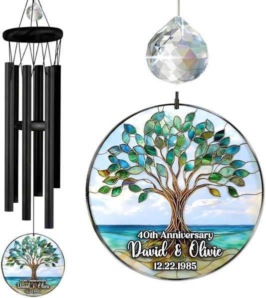Personalized Wedding Gifts for The Couple, Custom Crystal Tree of Life Wind Chime, Suncatcher Ornament Outdoor Chimes Hanging, Mother's Day Birthday Gifts for Women, Grandma, Nana Garden Décor