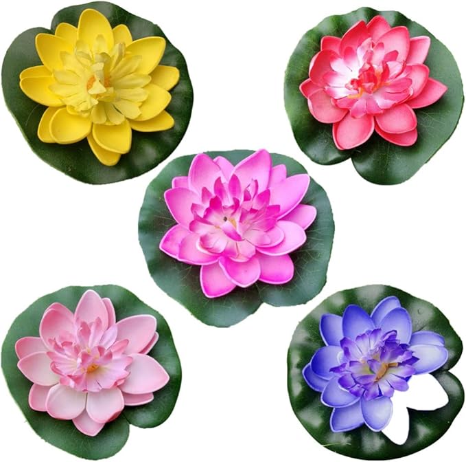 5Pcs Lily Pads for Ponds, Artificial Lotus- Water Lily Pads Leaves & Floating Foam Lotuses for Garden Fish Pond Aquarium Pool Wedding Decor