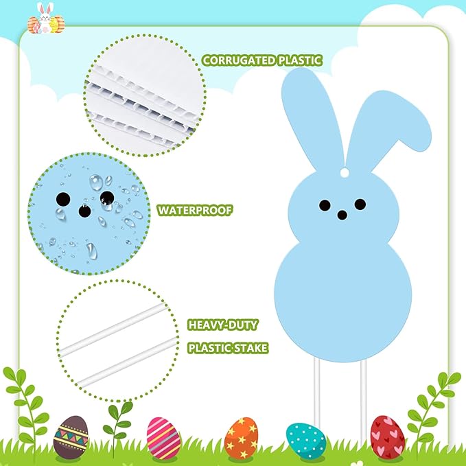 Whaline 12Pcs Easter Bunny Yard Sign with 24Pcs Stakes Fishing Line Colorful Bunny Hanging Ornament Cute Rabbit Lawn Sign for Spring Outdoor Lawn Pathway Walkway Tree Porch Party Garden Decorations