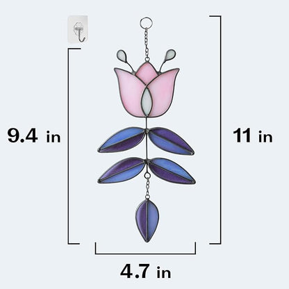 Pink Tulip Stained Glass Suncatcher, Folk Flower Stained Glass Window Hanging Sun Catcher, Healing Boho Decor, Handmade Flower Gifts for Indoor Window, 9.4" x 4.7"